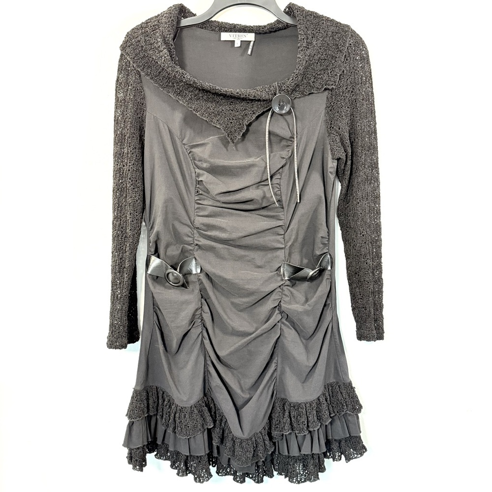 Vitrin Women’s Black Mixed Fabric Mini Dress Ruffles Lace Crochet Long Sleeve L